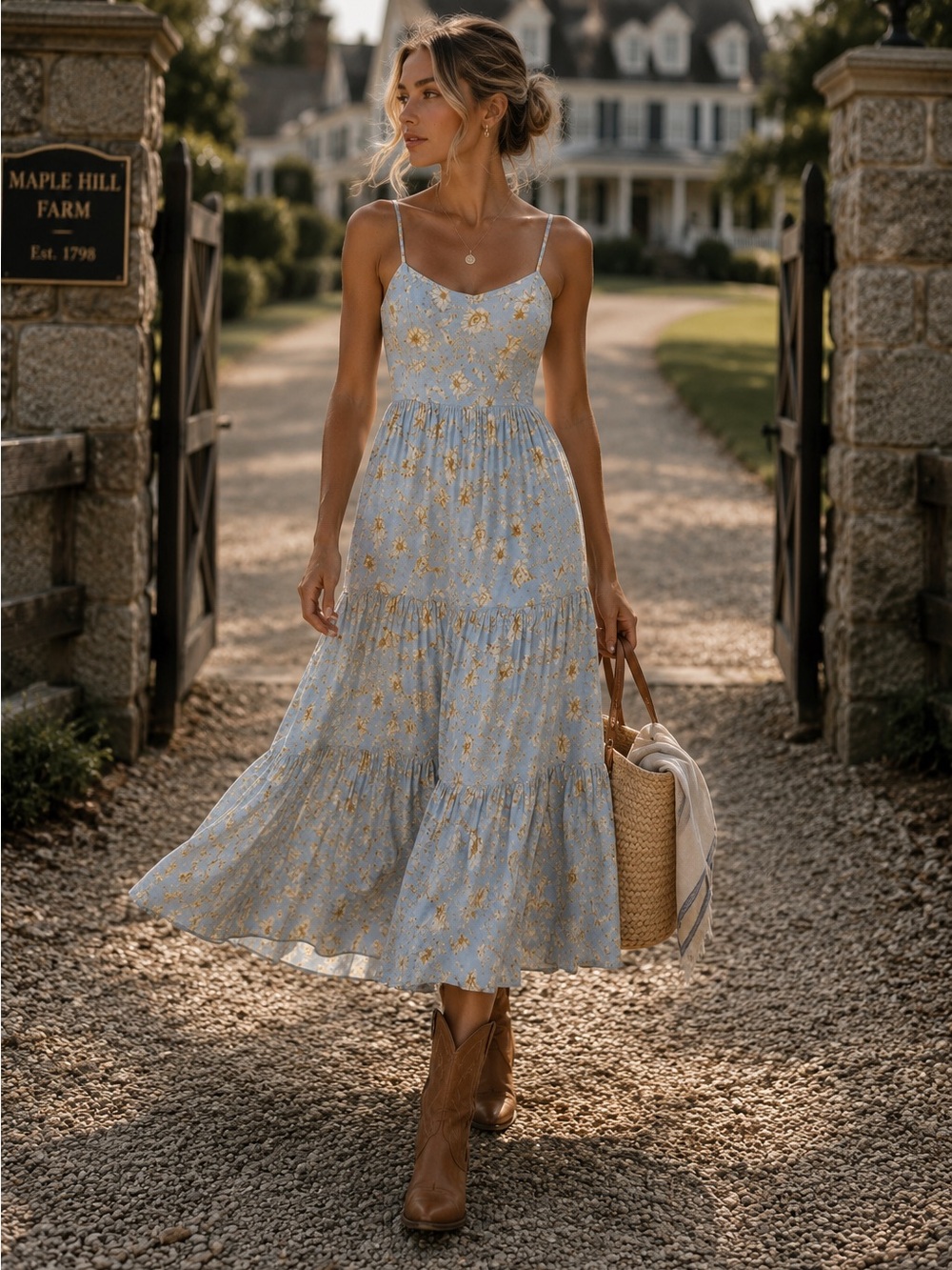 Christian Lacroix Linen Blend Floral Maxi Dress Blue Gold Smocked Back Size S